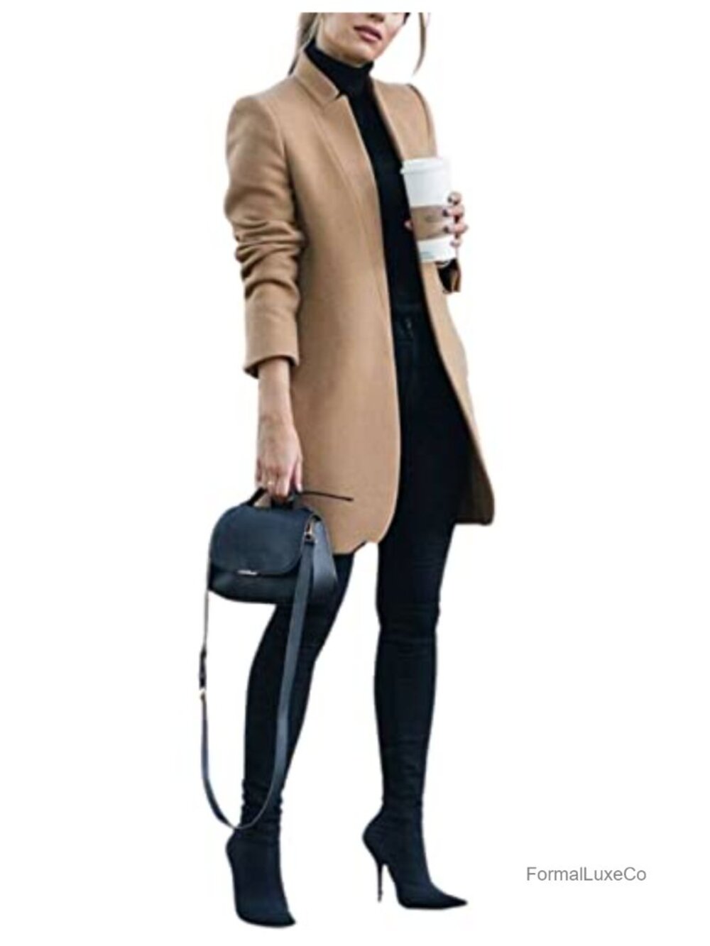 Wool Blend Stand Collar Mid Long Pea Coat Winter Warm Slim Fit Trenchcoat